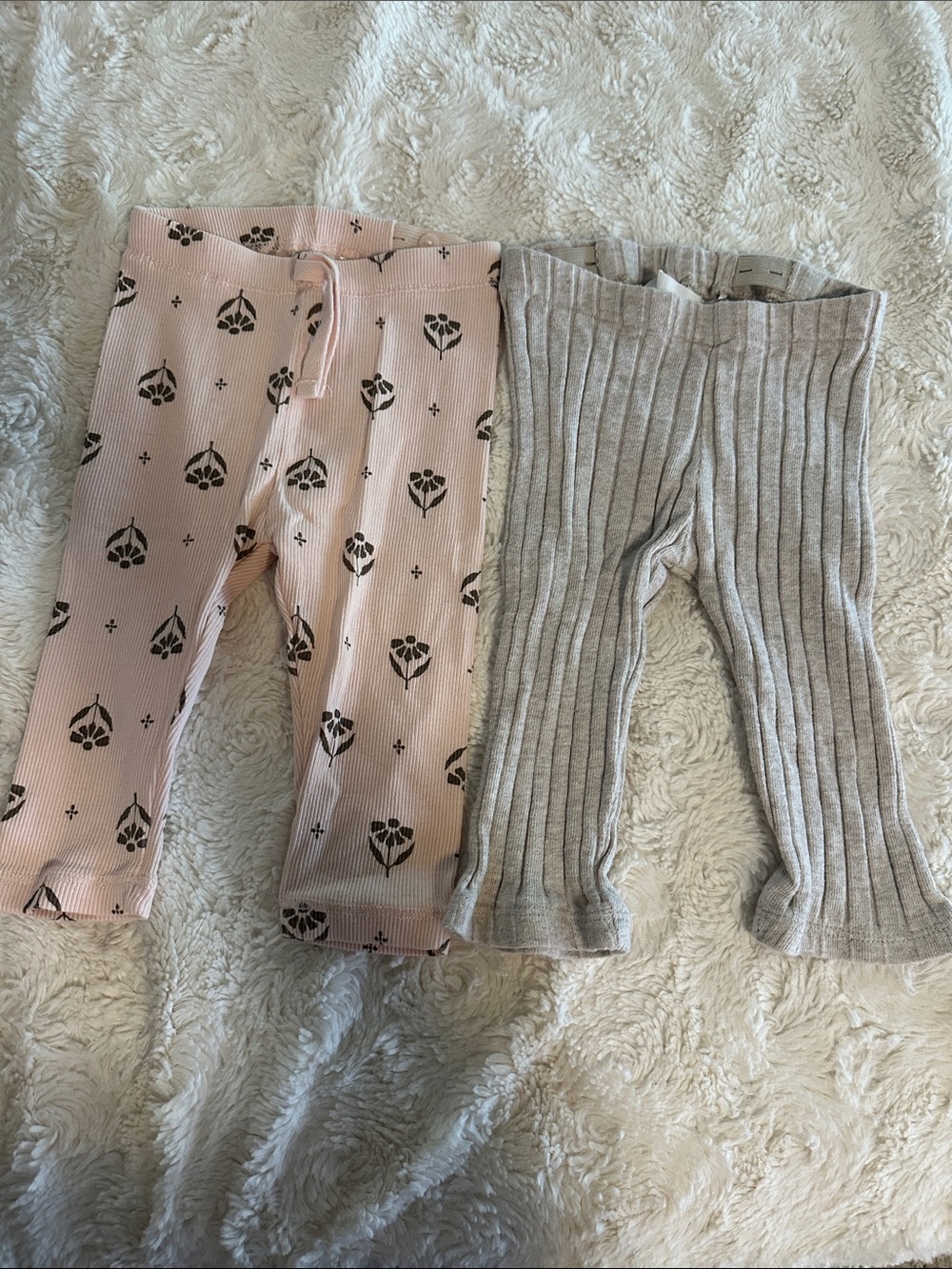 H&M Pink Floral Ribbed Leggings + Beige Ribbed Leggings Set